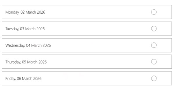 Date selection screen