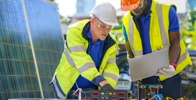 Two contractors connecting test equipment to solar panels and reviewing paper work on a bright summers day.