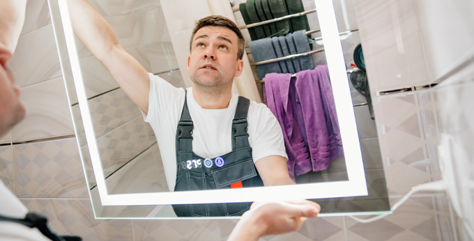 Male electrician, carefully installing a square LED bathroom mirror.